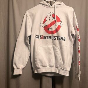 Ghostbusters Hoodie White Sweatshirt 80s Movie Sz L Pullover RARE Iconic Sleeve